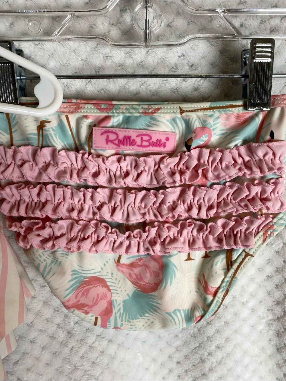 Ruffle Butts Pink and Cream Striped Flamingos Girls Swimsuit